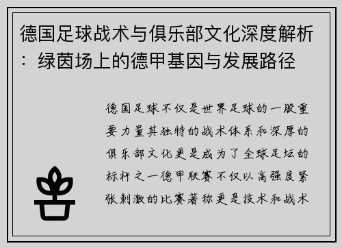 德国足球战术与俱乐部文化深度解析：绿茵场上的德甲基因与发展路径