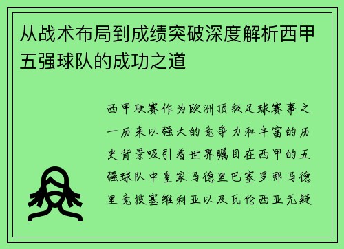 从战术布局到成绩突破深度解析西甲五强球队的成功之道