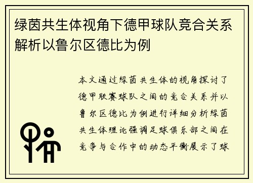 绿茵共生体视角下德甲球队竞合关系解析以鲁尔区德比为例
