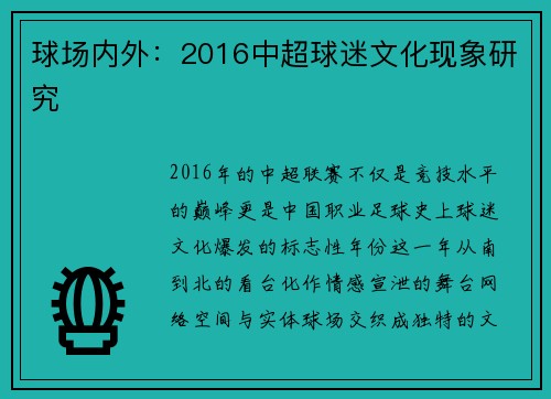球场内外：2016中超球迷文化现象研究